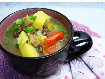 рецепт Рисовый суп с маринованными грибами и красной фасолью